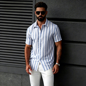 Camicia Estiva Casual da Uomo a Maniche Corte a Righe Blu e Bianche in Misto Lino con Bottoni, OEM, MOQ Basso, Vendita all'Ingrosso - Product Image 1