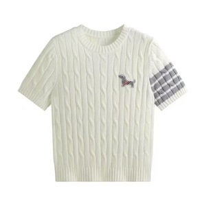 Dalang Factory Design Preppy Style Puppy Embroidered <b>Cable</b> <b>Knit</b> <b>Sweater</b> Short Sleeve Women's Slim Fit Crew Neck Top - Product Image 1