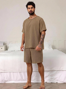 Pyjama en bambou marron pour homme, logo personnalisé, vêtements en gros, pantalon de nuit, ensembles de pyjamas à manches courtes, vêtements de maison tricotés pour homme - Product Image 4