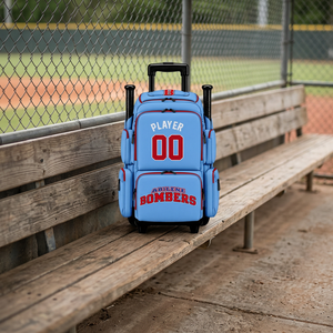 Light Blue Baseball Batting Practice Backpack <b>Wheeled</b> Equipment <b>Bag</b> Custom Logo Sports <b>Travel</b> Pack - Product Image 3