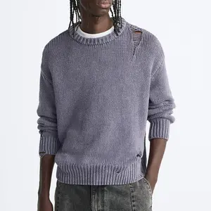 Kustom LOGO OEM & ODM dicuci sweater pria longgar rajut atas robek Pullover rajut kru leher desainer katun sweater untuk pria