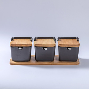 Set di 3 Zuccheriere in <span class=keywords><strong>Ceramica</strong></span> con Cucchiai e Coperchi in Bambù, Contenitori Quadrati in Porcellana per Condimenti e Spezie - Product Image 6