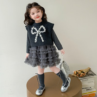 Ensemble de vêtements pour filles en bas âge, gilet en tricot gris sans manches avec nœuds + jupe longue en tulle gris avec patchwork, ensemble 2 pièces
