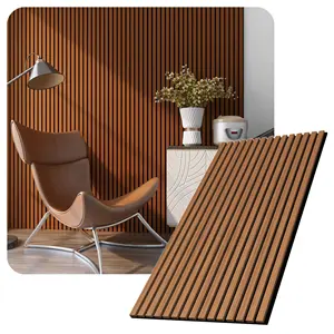 House Interior Decoration PET Board Teak Veneer MDF Slat Acoustic Wood Wall Panel for Hallway Living Room Bedroom Dining Room