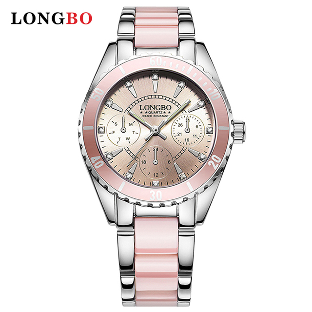 LONGBO 80303 Brand Best-selling Three-eye Watch Ceramic Steel Belt Waterproof Luminous Ladies Quartz Watch