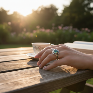 แหวนเงินประดับพลอยมาลาไคต์ทรงหรูหรา ดีไซน์ตอกลาย วงแหวนซ้อนกันได้ไม่ซ้ำใคร - Product Image 1