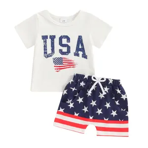 Оптовая продажа, в наличии, детская одежда для детей 0-3 месяцев, 2024 летняя одежда с независимым флагом, полосатая звезда, комплект одежды из двух предметов