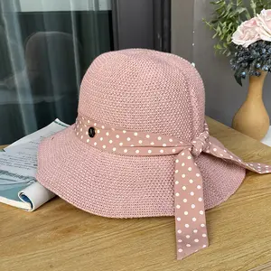 Spring Fashion Ribbon Knitted Bowl Hat Women Solid Color Sunscreen Hat
