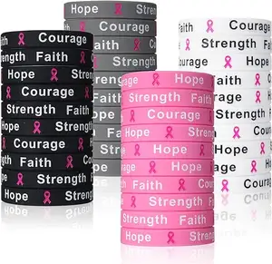 Breast Cancer Awareness Bracelets Silicone Pink Ribbon Wristband, Hope Faith Strength Courage Inspiring Support Wristband