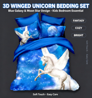 Ensemble de housse de couette et de draps en microfibre imprimée numériquement avec motif de licorne bleu galaxie personnalisé