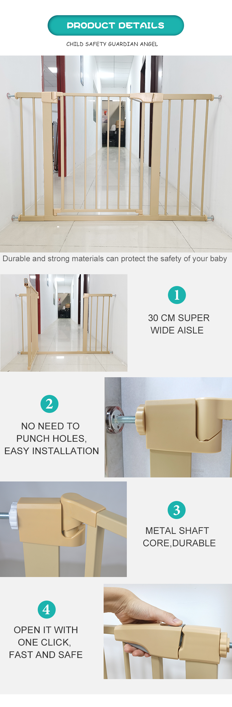 Metal Baby Gate Door Barrier Extra Wide for Stairs & Doorways, Pressure Mounted Baby Safety Gates BG01-B