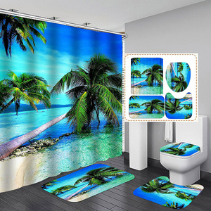 Coastal Ensoleillé Cocotier <span class=keywords><strong>Bord</strong></span> <span class=keywords><strong>De</strong></span> <span class=keywords><strong>Mer</strong></span> Paysage 3D Imprimé Plage Thème Rideau <span class=keywords><strong>De</strong></span> Douche Tapis Ensemble - Product Image 6