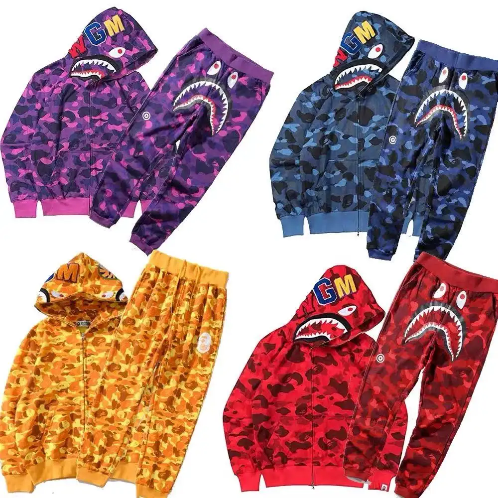 Plus size 6xl hoodies and joggers set mens camouflage hoody zipper up sweatshirts sport pants autumn winter ape 2 piece set