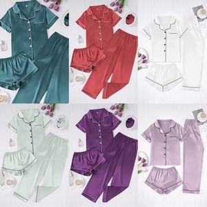 Conjunto de Loungewear Feminino em Cetim de Cor Sólida, Respirável, com Cardigã de Manga Curta e Calças Longas com Cintura Elástica, Estilo Francês Brilhante - Product Image 3