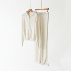 Articoli Popolari Ora Autunno 2025 Set Cardigan e Pantaloni in Lana Tinta Unita con Zip Casual con Cappuccio Maniche Lunghe per Uso Quotidiano Ecologico - Product Image 2
