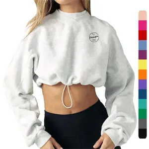 Nieuw Ontwerp Streetwear Cropped Ronde Hals Sweatshirt Custom Borduurwerk Logo Hoodies Sweatshirt Effen Kleur Fleece Dames Sweatshirt