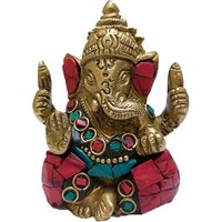PARIJAT HANDICRAFT Statue en laiton massif de couleur or Seigneur Ganesh Dieu hindou Éléphant Turquoise Gemme-Pierre Bénédiction Seigneur coloré