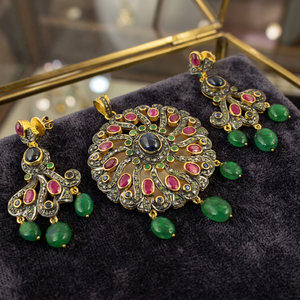 <b>Ruby</b> Victorian Jewelry Set with Gold Plated 925 Silver Pendant and Earrings for Women's Wedding Party Occasions - Product Image 1