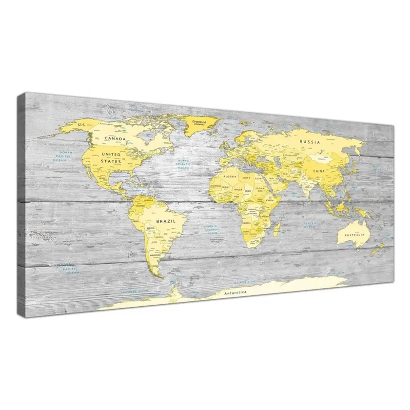 Grote Gele Grijze Muur Opknoping Art Home World Atlas Map Houten Bord Decor