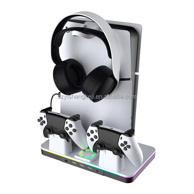 DSP-867 Vertical Multifunctional RGB Light Effect Stand Cooling Base for PS5/Slim/Pro Console with Dual Controller Charger Dock