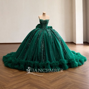 Rsm261029 Stunning Strapless Sweetheart Glitter Sequin Tulle Bow Ruffle Emerald Green <b>Ball</b> <b>Gown</b> Quinceanera Dress Jancember - Product Image 3