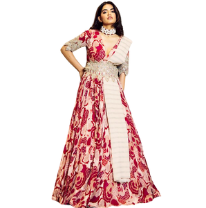 Robes Anarkali indiennes pakistanaises pour femmes de haute qualité, ornées d'un imprimé numérique, en soie chinon pure, longues et élégantes, avec dupatta fait main - Product Image 1