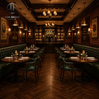 Ensemble de restaurant personnalisé Ron Group, banquette à dossier haut capitonnée, table ronde en bois massif, chaise ergonomique en cuir, mobilier commercial