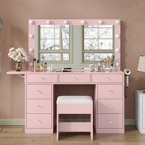 Coiffeuse avec prise <span class=keywords><strong>de</strong></span> courant, bureau <span class=keywords><strong>de</strong></span> toilette avec miroir et lumières LED, plateau en verre, ensemble <span class=keywords><strong>de</strong></span> coiffeuse, table à langer avec panneau rabattable - Product Image 5