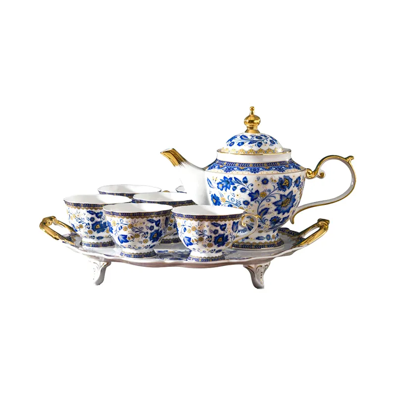 Bleu et blanc anglais os chine après-midi tasse à thé et soucoupe ensemble européen italien or bord tasse à café ensemble tasses à thé pour cadeaux