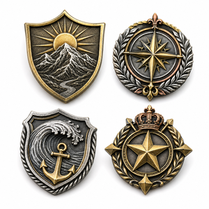 Badges métalliques moulés sous pression 3D personnalisés, or et argent antique, emblèmes boussole, montagne, ancre, couronne, étoile - Product Image 1