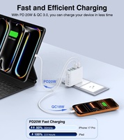 Chargeur USB 3.0 Type C HNT PD20W + QC18W 6 ports, charge très rapide, prise US/EU/UK, adaptateur mural pour iPhone 16/15 Pro Max