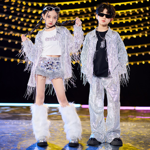 Children Hip Hop Dance Clothes Glitzy Tassel Shirt Silver Sequined Pants Boys Girls Modern Recital Competition Apparel