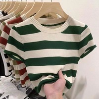 Haut tricoté à manches courtes pour femme, nouvelle collection été, coupe classique, col rond, confortable, décontracté, à rayures contrastées