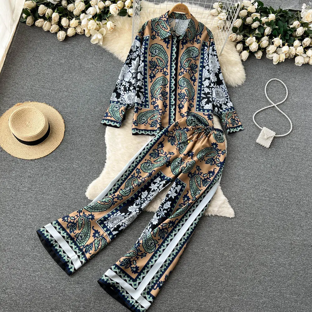 GX01M60 Fashion ethnic style clothing vendor leisuit wear women long sleeve shirt and pant matching suits 2 piece sets