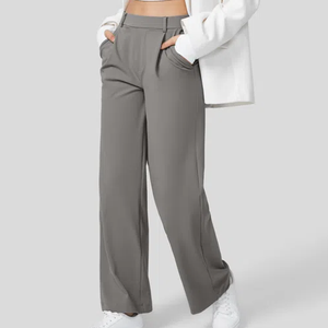 Pantalones de pierna ancha para oficina delanteros planos de cintura alta sólidos de otoño para mujer formales transpirables ecológicos con bolsillos - Product Image 3