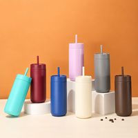 16oz Paslanmaz Çelik Çift Cidarlı Vakumlu Toz Boyalı Sızdırmaz Geniş Ağızlı Yeniden Kullanılabilir Sıcak Soğuk Tutma Özellikli Pipetli İzoleli Bardak