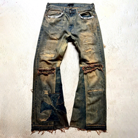 Pantalon en denim personnalisé Slim Fit Y2K pour hommes, ourlet brut, rivets évasés empilés, conception déchirée, bouton, délavé, jean vintage vieilli