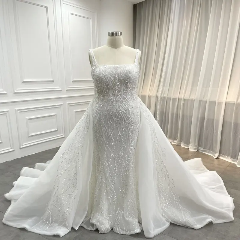 Luxury Big Size Curves Bridal Gown Sleeveless Mermaid 2 in 1 Beading Lace Custom Made Wedding Dresses with Detachable Skirt