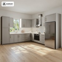 Meuble de cuisine en PVC thermoformé, style porte encadrée, aménagement en L, boîtes de rangement en MDF et tiroirs à fermeture amortie