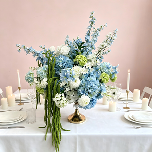 Boule de composition <span class=keywords><strong>florale</strong></span> LUYI la plus populaire pour événements, 50-60 cm, grande, bleu-vert mélangé, hydrangea artificiel, centre de table pour autel - Product Image 4