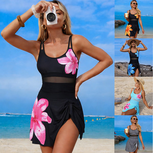 Traje de baño de una pieza para mujer, color sólido, cuello redondo, con aberturas, vestido de playa, traje de baño para mujer, talla adulta, disponible en tallas grandes. - Product Image 3