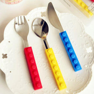 Wholesale 3Pcs <b>Building</b> <b>Block</b> Silicone Stainless Steel Kids Fork Spoon Knife Bricks Shaped Cutlery Set Funny Toddler Dinnerware - Product Image 5