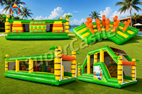 Parcours d'obstacles gonflable commercial sur le thème de la jungle avec mur d'escalade, toboggan et défis interactifs pour événements et divertissements