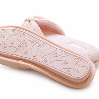 Chaussons d'intérieur plats antidérapants pour femmes, en tricot gaufré, à bout ouvert, avec doublure en tissu éponge doux et nœud décoratif