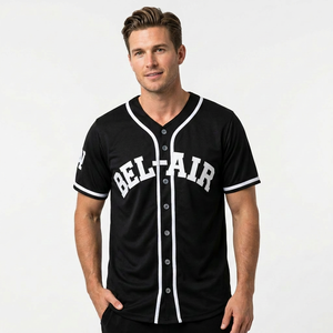 Camiseta de Béisbol Bel-Air para Hombre, Manga Corta, Cierre de Botones, Negra, Poliéster, Ropa Deportiva, Corte Regular, Todas las Temporadas - Product Image 1