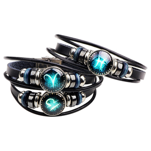 Bracelet d'<span class=keywords><strong>horoscope</strong></span> large noir de mode Vintage, signe <span class=keywords><strong>du</strong></span> zodiaque <span class=keywords><strong>pour</strong></span> hommes, Bracelets multicouches en cuir - Product Image 4