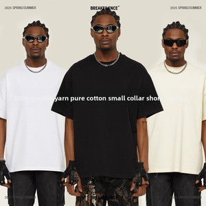 Camiseta de algodón puro de 300g con doble hilo, cuello pequeño, color liso, manga corta, estilo vintage, corte holgado, unisex, a la moda, transfronteriza. - Product Image 3