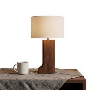 Walnut Wood Table Lamp E27/E26 Bulb Base <b>Wire</b> AC Off-White Fabric Drum Shade Simple Modern Bedroom Desk <b>Light</b> Home Decor - Product Image 1
