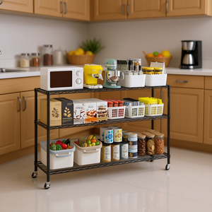 Estante de Almacenamiento de Cocina con Ruedas, Ajustable, de 3 Niveles, de Hierro, 117x45x104cm, con Recubrimiento en Polvo Negro - Product Image 2