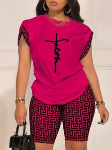 Nouvel Ensemble Vêtements Grande Taille pour <span class=keywords><strong>Femmes</strong></span> Été 2025, Imprimé Numérique, Col Rond, Manches Courtes et Short - Product Image 5